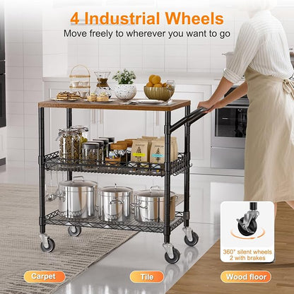 NTE Rolling Kitchen Carts on Wheels, 650Lbs Capacity 3 Tier Utility Cart with Wood Tabletop, Kitchen Storage Cart with 8 Hooks, Metal Serving Cart with Handle and Shelf Liners for Kitchen, Black