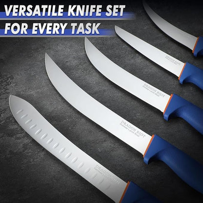 DRAGON RIOT 6 Pcs Butcher Knives Set, Meat Processing Knife Set for Brisket Trimming with German Stainless Steel and Blue Non-slip Handle Gift for Men