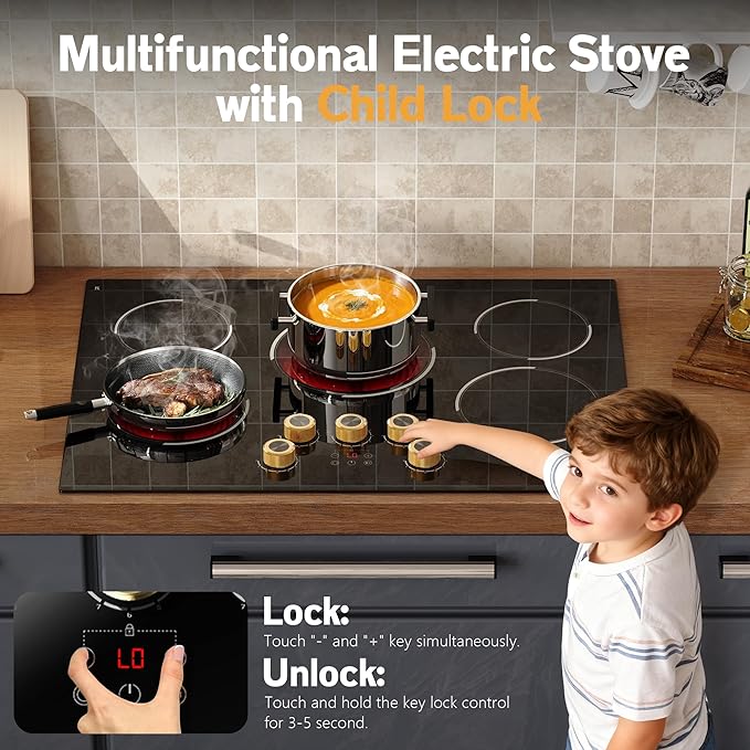 30 Inch Electric Cooktop, 30" Electric Stove 8500W, 5 Burner Ceramic Cook Top Built-in, Knob & Touch Control, Expanded Zone, Child Lock, Pause Function, 220V - 240V Hard Wire, No Plug