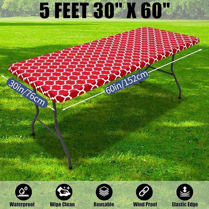 Smiry 2 Pack Rectangle Table Cloth 5 Foot, Waterproof Elastic Fitted Tablecloths, Windproof Washable Polyester Table Cover for Picnic, Camping, Outdoor (Red, 30"x60")