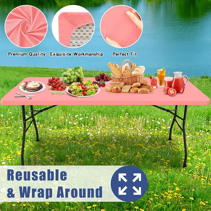 Moosfor Spandex 6 Foot Rectangle Table Cloth, Elastic Fitted Tablecloths for Picnic, Stretch Washable Patio Table Cover for Outdoor, Camping, Banquet and Parties (Coral Red, 30"x72")