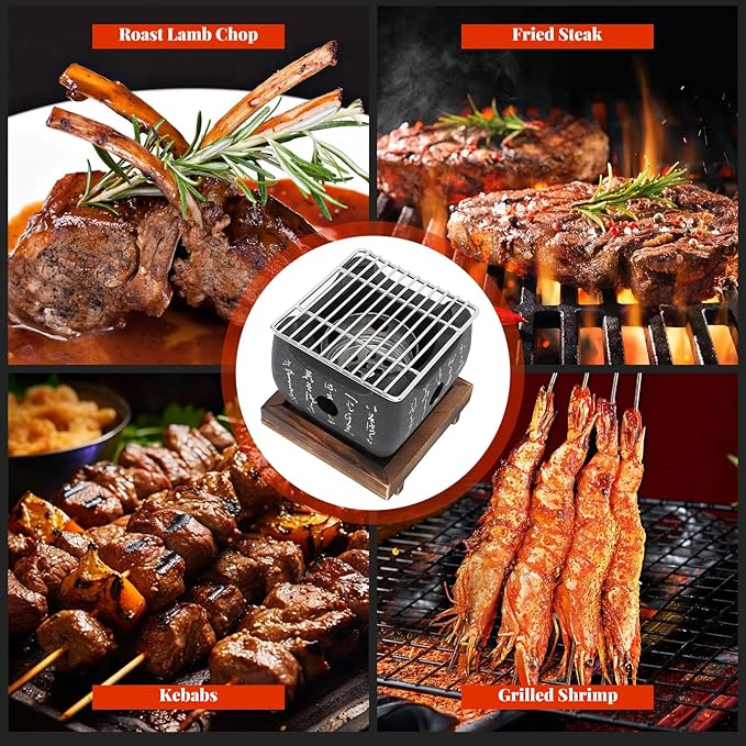 Topyond Japanese Charcoal Grill, Hibachi & Yakitori Grill, Portable Heat-Resistant BBQ Stove, Multi-Functional Fast Heating for Yakiniku, Robata, Indoor/Outoor BBQ Cooking(6.5x5.7in)