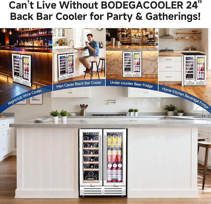 BODEGACOOLER Wine and Beverage Refrigerator, 24 Inch Under Counter Commercial Beverage Refrigerator, Large Capacity Back Bar Cooler With 2 Glass Doors,LED Lighting for Beer,Soda,Wine,4.1 Cu.Ft.,Black.