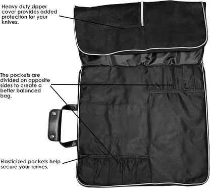 Ergo Chef Heavy Duty Waxed Canvas 10 Pocket Chef Knife Roll Bag Knife Case with Mesh Tool Pocket (Black) Durable Knife Case with Handle, Removable Shoulder Strap & Large Zippered Mesh Pocket