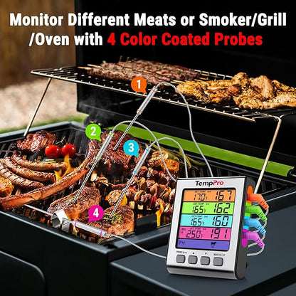 TempPro TP17H Digital Meat Thermometer with 4 Temperature Probes, HI/Low Alarm Smoker Food Thermometer with Colored Backlit LCD, BBQ Thermometer for Cooking Grill Kitchen Oven (Previously ThermoPro)