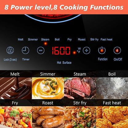 2 Burner Electric Cooktop 110v, 24 Inch Electric Stove Countertop & Built-in, Plug-in Electrics Cooktop, 8 Power Levels & 8 Functions, Touch Control, Safety Lock, Timer, 2000W, Blue