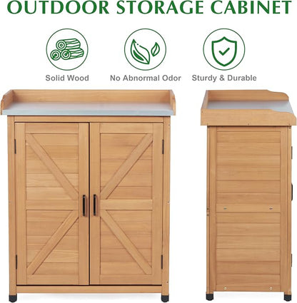 Outdoor Storage Cabinet & Potting Bench Table with Metal Top, Wooden Patio Furniture, Garden Workstation (Light Brwon, 39x31.5x17in)