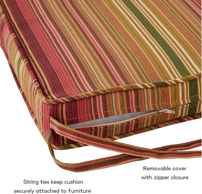 Outdoor 18 inch Square Patio Dining Chair Pads – Comfortable Fiber-Filled Seat Cushions with Ties, Reversible Polyester Fabric - Kinnabari Stripe, Set of 2