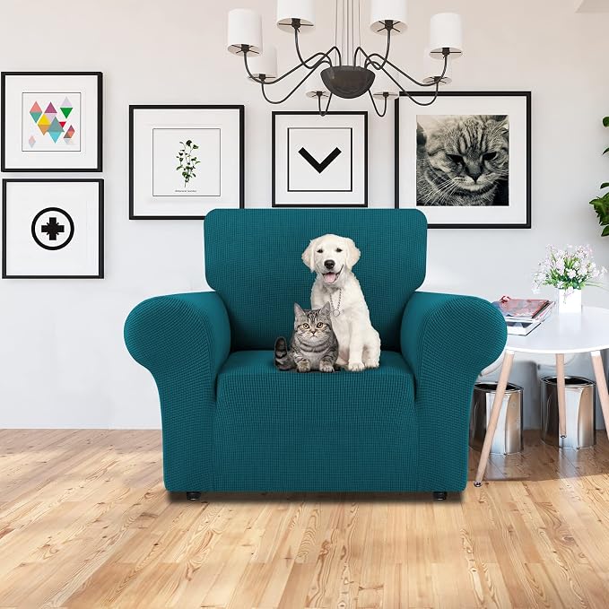 LURKA Stretch Chair Cover for Sofa, 1 Piece Armchair Slipcover, Peacockblue | Soft Stretch Jacquard, Fits 31"-55" Armchairs, Elastic Bottom for Secure Fit, Machine Washable, Pet & Kid Friendly