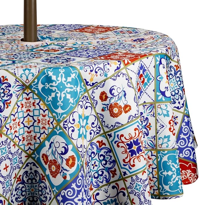 EHouseHome Outdoor and Indoor 60inch Round Tablecloth with Umbrella Hole and Zipper, Waterproof Zippered Patio Cloths, Spring/Summer Table Covers for Backyard Circular Table/BBQs/Picnic