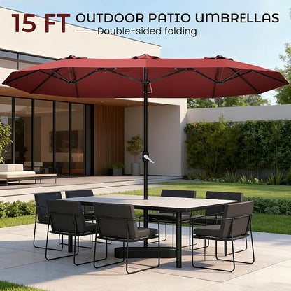 15ft Red Patio Umbrella with Base Included,Rectangle Double Extra Large Table Umbrella Outdoor Giant Umbrella for Porch Pool Lawn Deck,Market,Backyard Outside,Burgundy Red