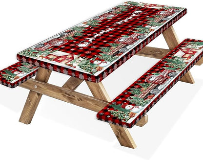 Christmas Picnic Table Cover with Bench Covers and Bag, Camping Essentials, Red Plaid Xmas Waterproof Windproof, Fitted Tablecloth Cover with Elastic Edge, for Indoor & Outdoor, 3 PCS, 30x96 Inch