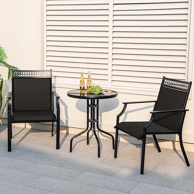 Giantex Patio Chairs Set of 4, Outdoor Chairs with All Weather Fabric, High Backrest, Armrests, Heavy Duty Metal Armchair, Outside Dining Chairs for Porch Lawn Garden Yard Pool, Black