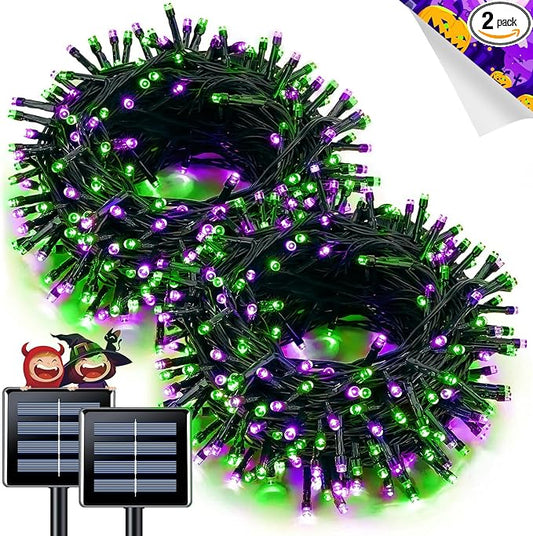 JMEXSUSS 2 Pack Solar Halloween Lights, Total 200LED 66FT, Purple and Green