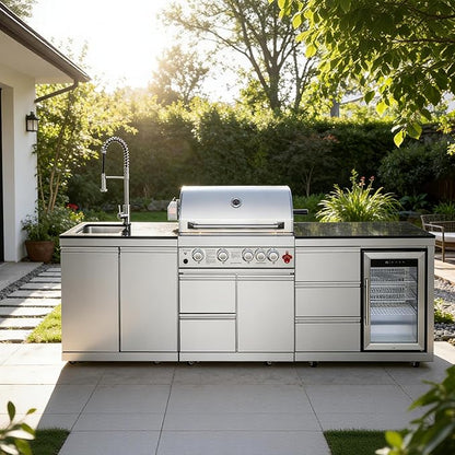 103" All-in-One Outdoor Kitchen Island,4 Burner Modular Kitchen with Grill Station Cabinetry,304 Stainless Granite, Sink, Fridge, BBQ Set for Patios & Backyards (Stainless, 103 IN)