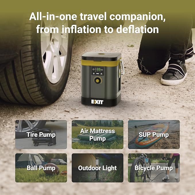 EXIT Fire'n'Go Portable Grill Smoker & EXIT Tire Inflator Portable Air Compressor with Power Share Freedom Battery