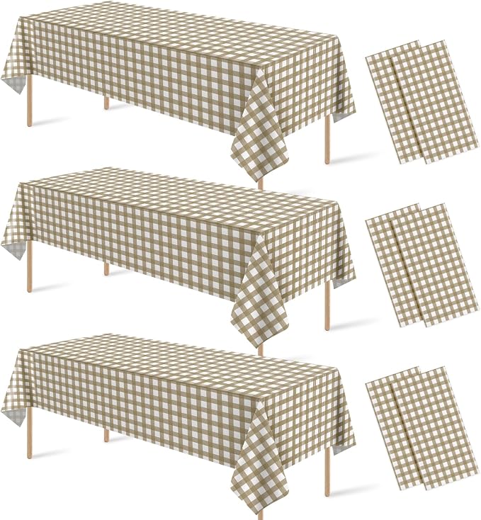 6Pcs Brown Gingham Tablecloths, Checkered Party Table Covers 54x108 In | Brown and White Checkered Tablecloths Disposable Plastic Waterproof for Fall Picnic Halloween Barbecue Birthday Outdoor Party