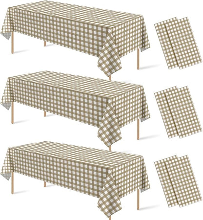 6Pcs Brown Gingham Tablecloths, Checkered Party Table Covers 54x108 In | Brown and White Checkered Tablecloths Disposable Plastic Waterproof for Fall Picnic Halloween Barbecue Birthday Outdoor Party