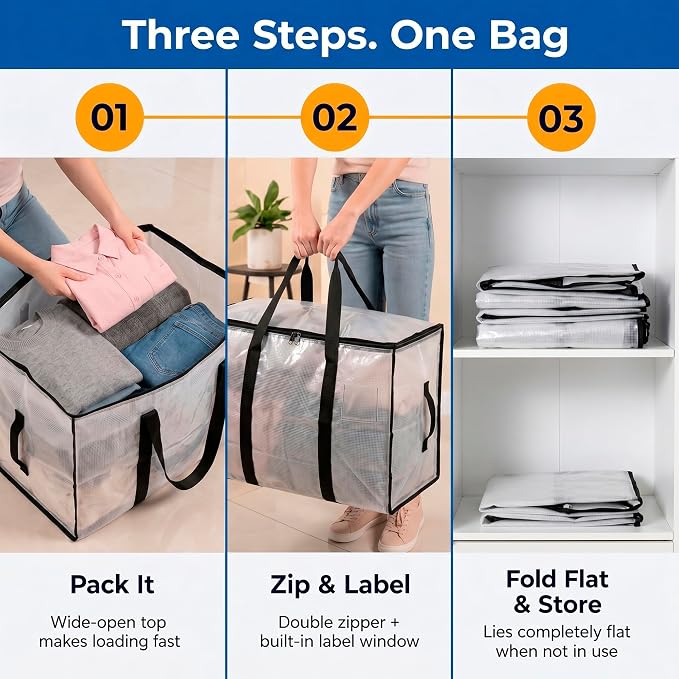 ClearSpace Oversized Moving Bags or Storage Bag – Large Moving Boxes with Backpack Straps, Zippers & Handles – Heavy-Duty Packing Bags for Moving, College Dorm, Christmas Decorations, 8 Pack.