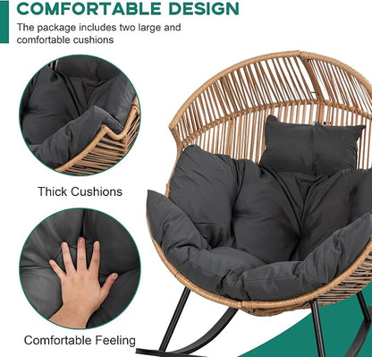 Shintenchi Wicker Egg Chair, Outdoor Indoor Rocking Chair, Large PE Rattan Rocking Chair with Cushion for Patio, Balcony, Backyard, Garden, Deep Grey