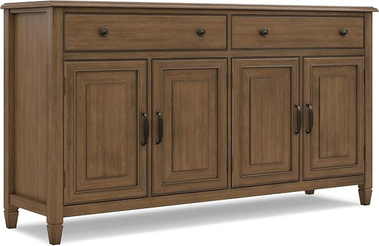 SIMPLIHOME Connaught 67" Sideboard in Rustic Natural Aged Brown | Traditional 4-door dining room buffet with 2 drawers and adjustable shelves for organized kitchen or living room storage.