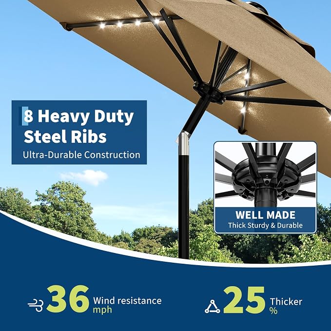 Garvee patio Umbrella with Solar Lights, Outdoor Table Umbrella with 8 Durable Ribs, Tilt & Crank Mechanism, Waterproof & UV Protection for Garden, Backyard, Poolside,