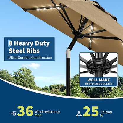 Garvee patio Umbrella with Solar Lights, Outdoor Table Umbrella with 8 Durable Ribs, Tilt & Crank Mechanism, Waterproof & UV Protection for Garden, Backyard, Poolside,