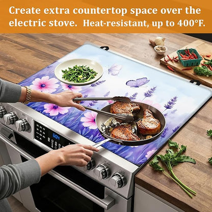 Purple Flowers Stove Top Covers for Electric Stove,Spring Floral Butterfly Glass Top Stove Cover, Heat Resistant Range Covers for Electric Stove,Washable Countertop Mat, 28 x 20 Inch