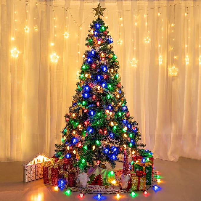 AWQ 100LED 81FT C9 Christmas String Lights Plug in Fairy Twinkle Multicolor | Christmas Lights Outdoor 8 Modes Timer Function Waterproof Extendable for Indoor Outdoor Wedding Party Christmas Decoration