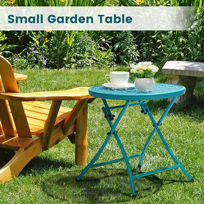 TeoKJ Folding Outdoor Side Table, No Assembly Patio Table with Cutouts | Metal Round Anti Rust Patio Desk, Small Nightstand with Flower Cutouts, for Yard, Balcony, Lawn, Pool, Lightweight, Blue