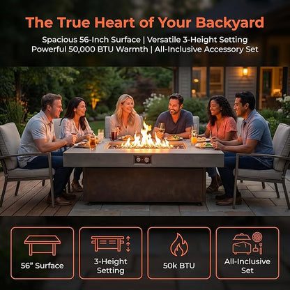 56 Inch Propane Fire Pit Table for Large Gatherings – 50,000 BTU 3-Level Adjustable Outdoor Gas Firepit, Spacious Tabletop for 5-6 People, Easy Ignition for Backyard Parties