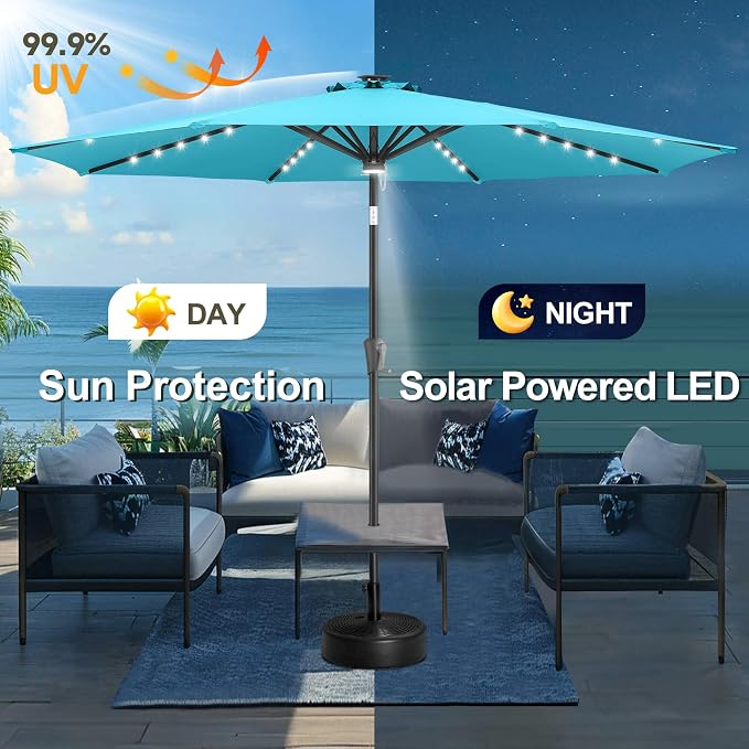 FLAME&SHADE Solar Patio Umbrella with Centre Light, 10 FT Aqua Blue | UV Protection, Small Solar Outdoor Umbrella for Porch, Deck, Backyard, Garden, Provides Evening Lighting, 40 LED Lights