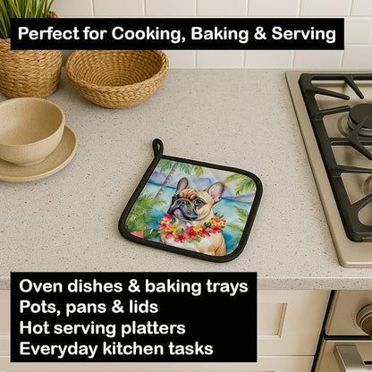 Caroline's Treasures French Bulldog Luau Pair of Pot Holders Kitchen Heat Resistant Pot Holders Sets Oven Hot Pads for Cooking Baking BBQ, 7 1/2 x 7 1/2