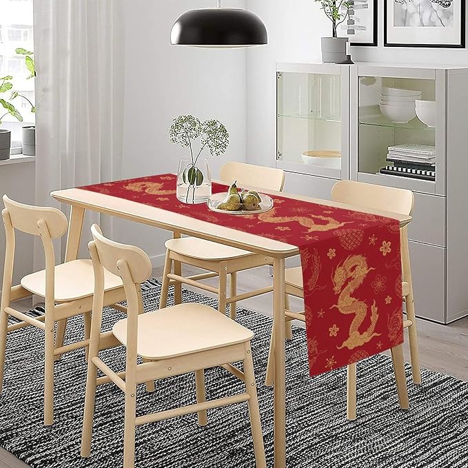 Gold Dragon Table Runner Traditional Oriental Chinese Japanese Flying Animal Red Dinner Runner Table Decoration for Home Kitchen Dining Table Party Decoration 13x36in