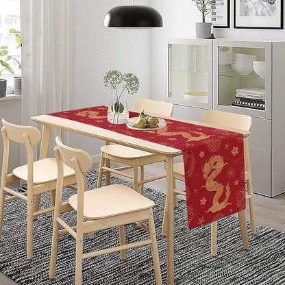 Gold Dragon Table Runner Traditional Oriental Chinese Japanese Flying Animal Red Dinner Runner Table Decoration for Home Kitchen Dining Table Party Decoration 13x36in