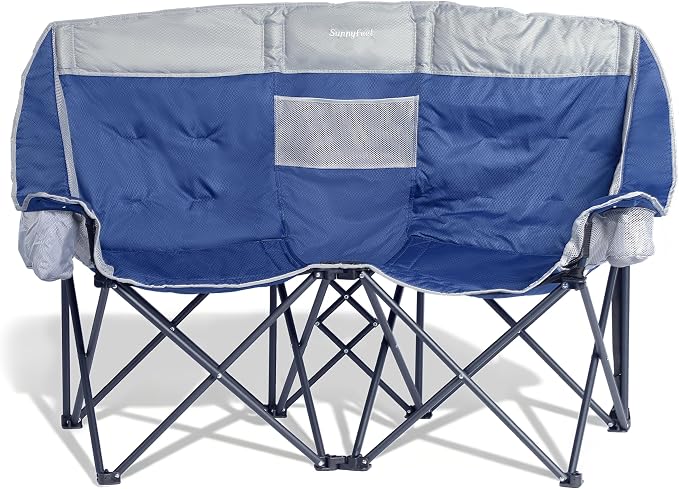 SunnyFeel Double Camping Loveseat Chair, Blue-Cooler, Foldable, Portable, Space Saving, Side Pocket, Cup Holders | 600LBS Heavy Duty Padded Camping Couch with Cup Holder, Cooler, Storage Pockets & Carry Bag for Outdoor/ Lawn/ Backyard