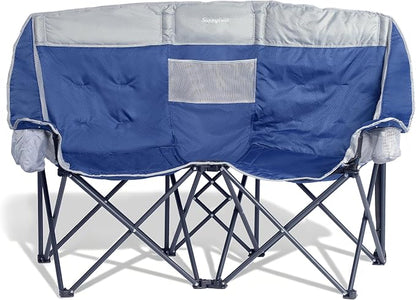 SunnyFeel Double Camping Loveseat Chair, Blue-Cooler, Foldable, Portable, Space Saving, Side Pocket, Cup Holders | 600LBS Heavy Duty Padded Camping Couch with Cup Holder, Cooler, Storage Pockets & Carry Bag for Outdoor/ Lawn/ Backyard