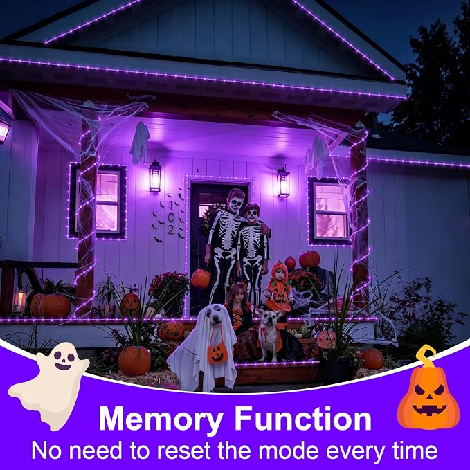 QITONG 2 Pack Solar Halloween Lights, Each 33ft 100 LED Purple String Lights, 8 Modes Clear PVC Tube Light Outdoor Waterproof