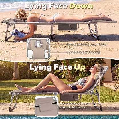 Goplus Tanning Chair with Face Arm Holes, Portable Sunbathing Chair with 4-Level Backrest & Head Pillow, Patio Lay Flat Folding Chaise Lounge with Side Pocket & Shoulder Strap for Poolside, Beach