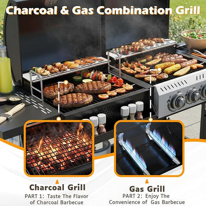 EROMMY 2-in-1 Dual Fuel Propane & Charcoal Grill Combo with Side Burner, Porcelain-Enameled Cast Iron Grates, 646SQIN Large Cooking Area for Outdoor Patio Backyard Barbecue & Party Events