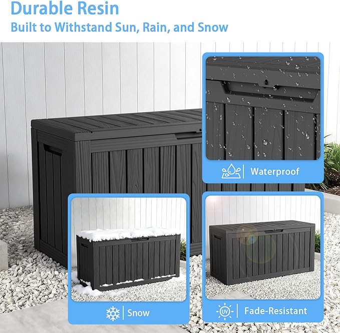 Pepe Tee Waterproof Resin Deck Box, Outdoor Storage Bin for Patio Furniture Cushions, All-Weather Garden Organizer & Seating Bench, Black