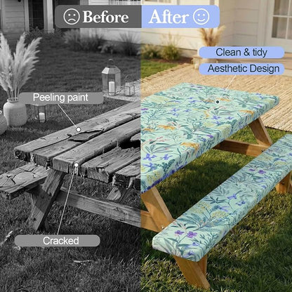 Picnic Table Cover with Bench Covers Camping Essentials Waterproof Windproof Camping Tablecloth with Drawstring Bag, Fitted Rectangle Tables and Seats, 72in, Gray Blue