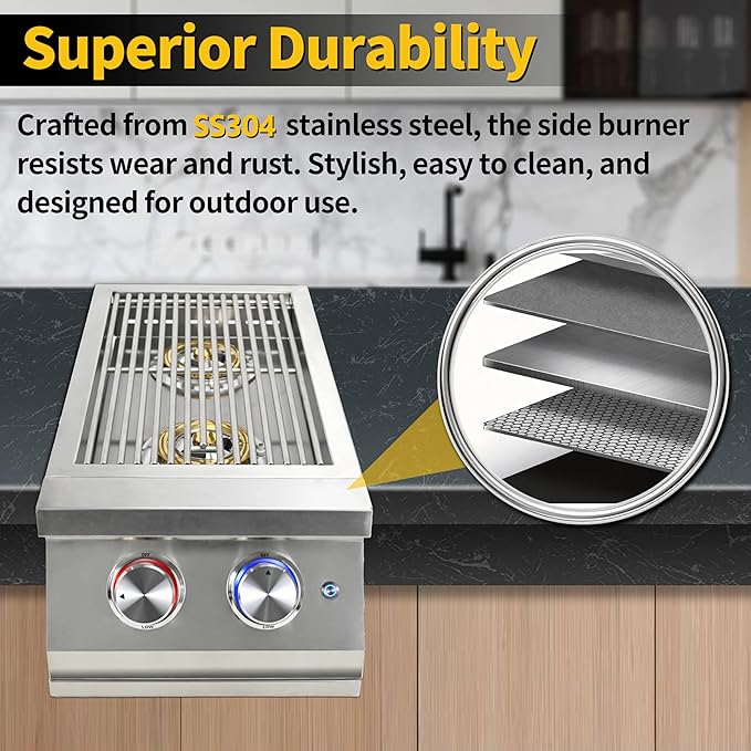 Double Side Burners for Outdoor Grill, Heavy-Duty 304 Stainless Steel, Built-in Side Burners with LED for Outdoor Kitchen BBQ Island, 2x17,000BTU Liquid Propane Side Burner Convertible to Natural Gas