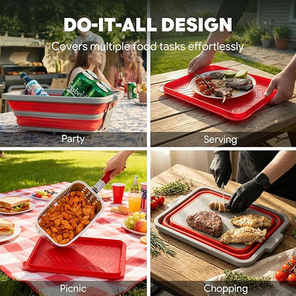 FEASTO Collapsible BBQ Prep Tubs with Cutting Board, 9-IN-1, 2 Tubs Portable Grill Prep Station with Side Brackets, Lids, Knives, Meat Claws and Drain Rack, Space-Saving for Kitchen & Camping, Red