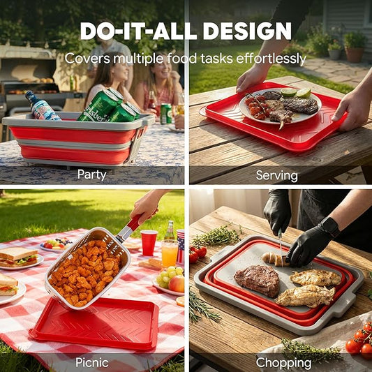 FEASTO Collapsible BBQ Prep Tubs with Cutting Board, 9-IN-1, 2 Tubs Portable Grill Prep Station with Side Brackets, Lids, Knives, Meat Claws and Drain Rack, Space-Saving for Kitchen & Camping, Red