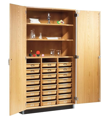 Diversified Spaces School Classroom Tall Tote Tray & Shelf Storage Cabinet, 48" W x 22" D x 84" H, 24 Trays, Oak Construction, Locking Double Doors, Chemical Resistant Finish, Made in USA