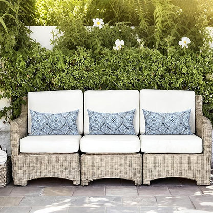 LVTLVTXIII 12×20 Inch Outdoor Lumbar Pillows, Pack of 2 Water Repellent Lumbar Pillow with Inserts, Fluffy Decorative Garden Lumbar Cushions for Home Patio Coach Sofa Use, Medallion Blue