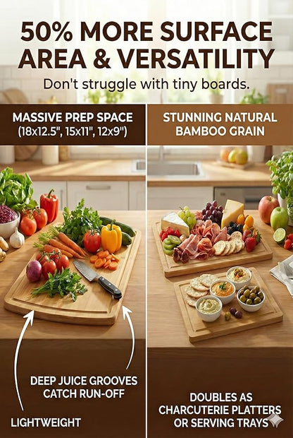 GREENER CHEF Glue-Free Surface Organic Bamboo Wood Cutting Board 3-Piece Set – Non Toxic Cutting Board Set – Lightweight, Heavy Duty Wooden Serving Boards for Charcuterie - Safer Family Meal Prep