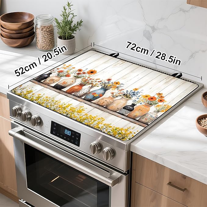 Stove Top Cover Retro Flower Gas Stove Top Cover for Home Decoration Kitchen Pad Non-Stick Washable Cooktop Covers Countertop Protector Keep Stove Clean 28"x20" (Vase)