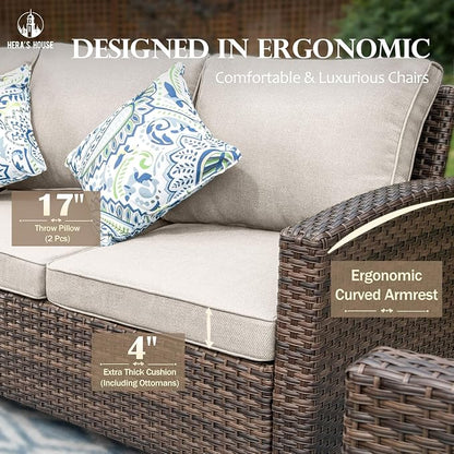 HERA'S HOUSE Outdoor Loveseat Patio Sofa, 2-Seat Wicker Couch with Waterproof Thick Cushions, Deep Seating Furniture for Garden Porch Backyard, Beige